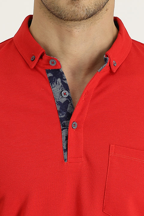 Açık Kırmızı Polo Yaka Slim Fit Dar Kesim Desenli Pamuk Tişört