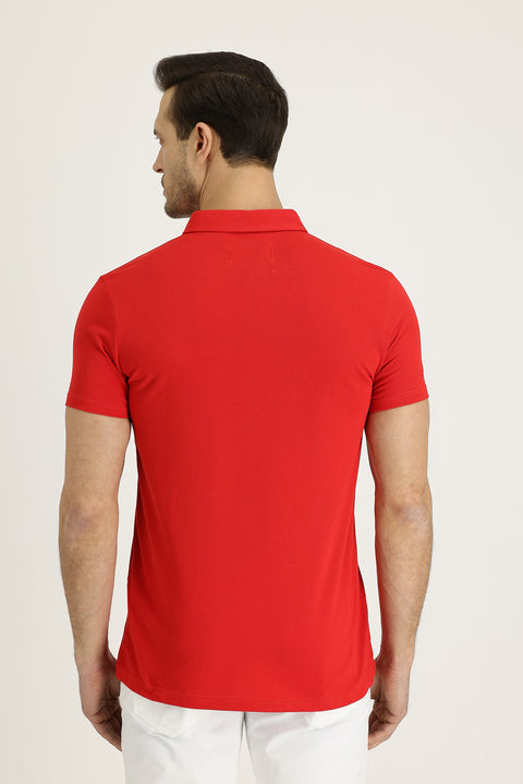 Açık Kırmızı Polo Yaka Slim Fit Dar Kesim Desenli Pamuk Tişört