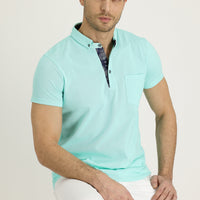 Orta Turkuaz Polo Yaka Slim Fit Dar Kesim Desenli Pamuk Tişört