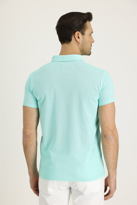 Orta Turkuaz Polo Yaka Slim Fit Dar Kesim Desenli Pamuk Tişört