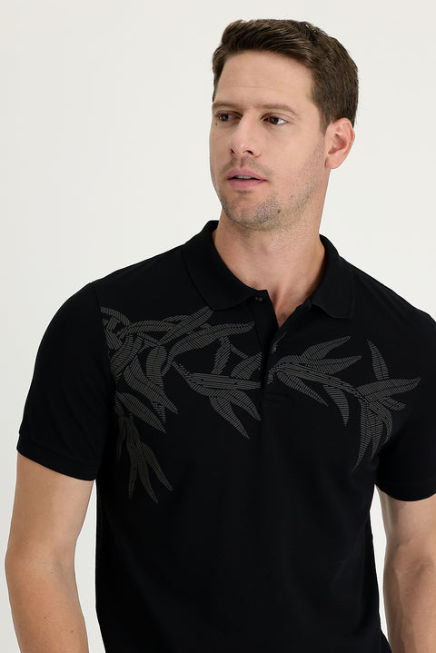 Black Polo Collar Slim Fit Printed Cotton T-shirt