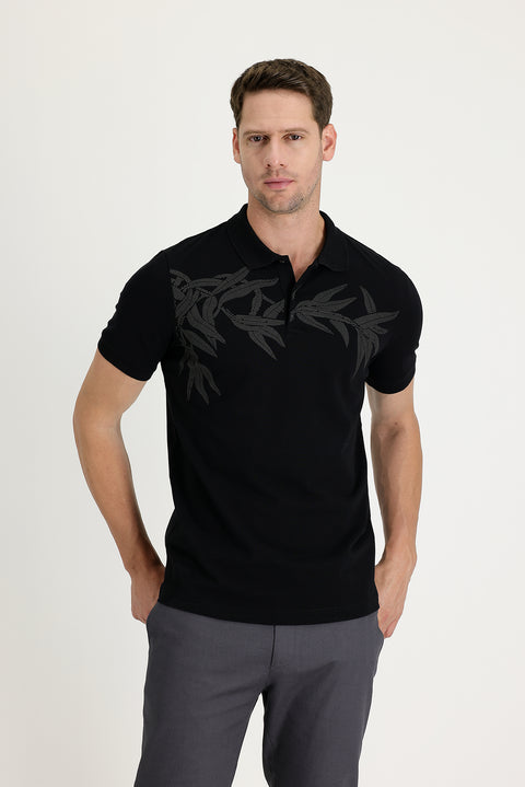 Black Polo Collar Slim Fit Printed Cotton T-shirt