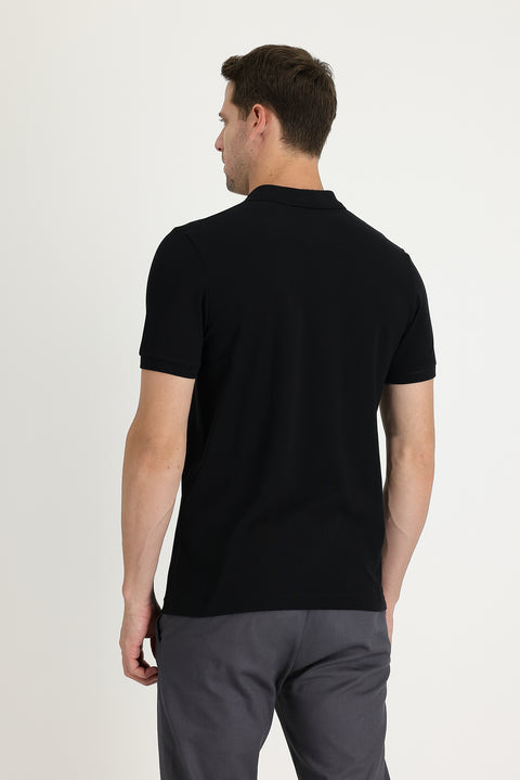Black Polo Collar Slim Fit Printed Cotton T-shirt