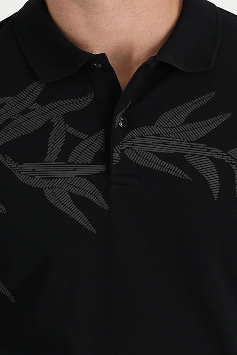 Black Polo Collar Slim Fit Printed Cotton T-shirt