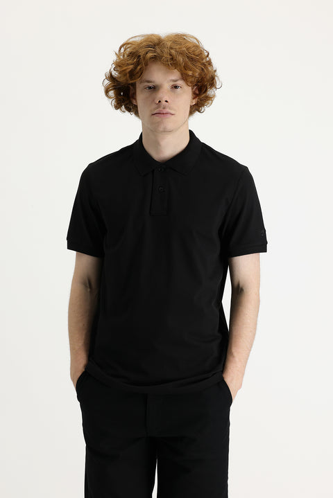Siyah Polo Yaka Slim Fit Dar Kesim Baskılı Tişört