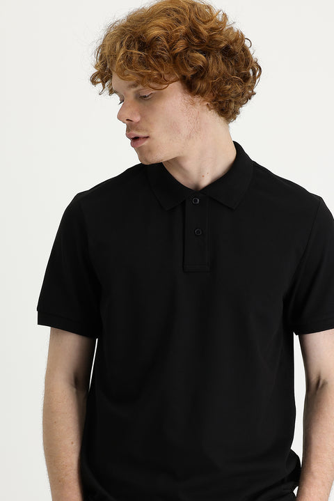 Siyah Polo Yaka Slim Fit Dar Kesim Baskılı Tişört