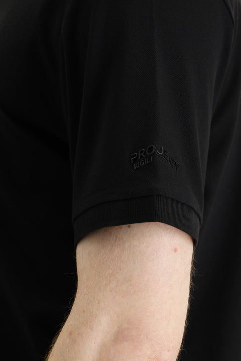 Siyah Polo Yaka Slim Fit Dar Kesim Baskılı Tişört
