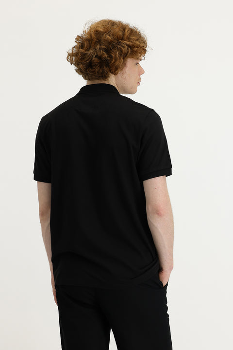 Siyah Polo Yaka Slim Fit Dar Kesim Baskılı Tişört