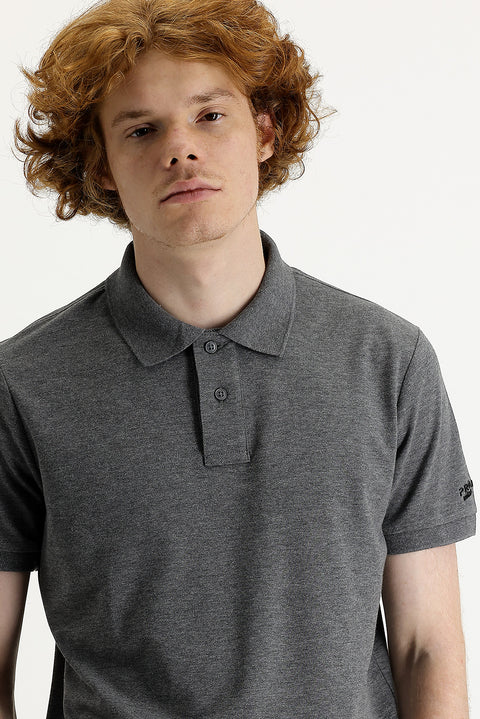 Koyu Füme Melanj Polo Yaka Slim Fit Dar Kesim Baskılı Tişört