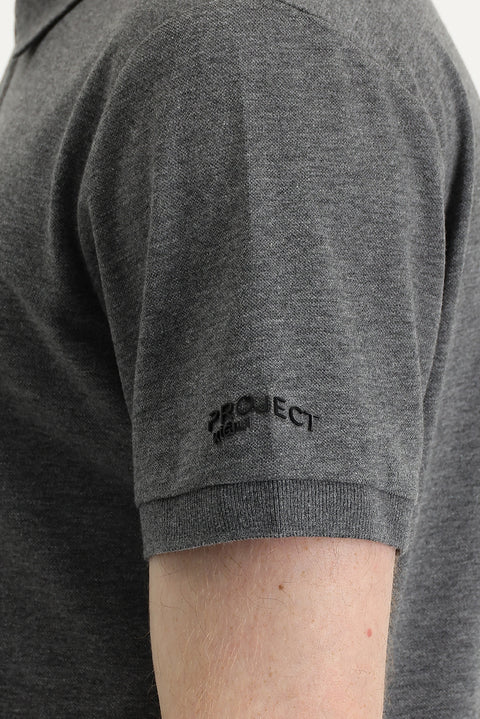 Koyu Füme Melanj Polo Yaka Slim Fit Dar Kesim Baskılı Tişört