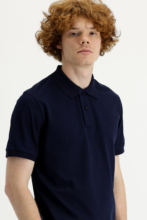 Siyah Lacivert Polo Yaka Slim Fit Dar Kesim Baskılı Tişört