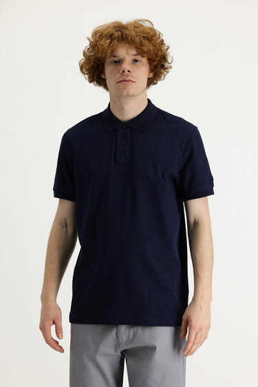 Siyah Lacivert Polo Yaka Slim Fit Dar Kesim Baskılı Tişört