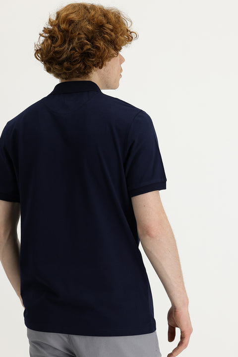 Siyah Lacivert Polo Yaka Slim Fit Dar Kesim Baskılı Tişört