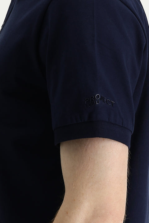 Siyah Lacivert Polo Yaka Slim Fit Dar Kesim Baskılı Tişört