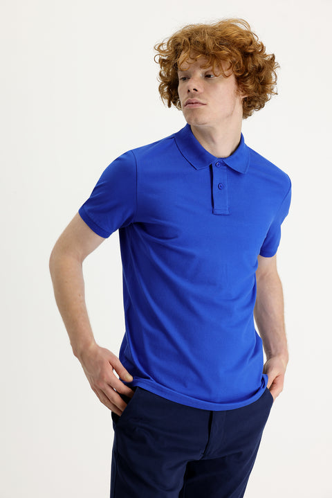 Saks Mavi Polo Yaka Slim Fit Dar Kesim Baskılı Tişört