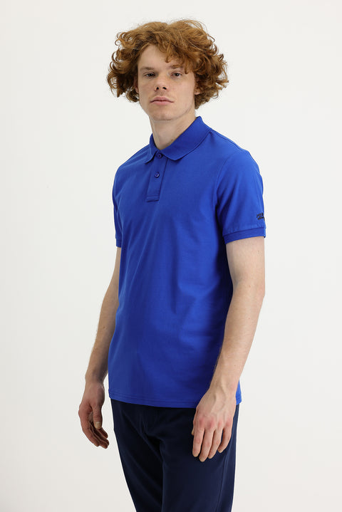 Saks Mavi Polo Yaka Slim Fit Dar Kesim Baskılı Tişört