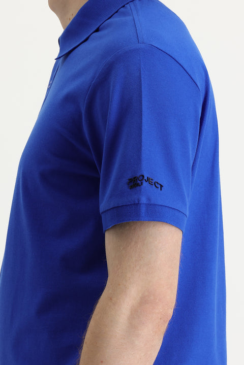 Saks Mavi Polo Yaka Slim Fit Dar Kesim Baskılı Tişört