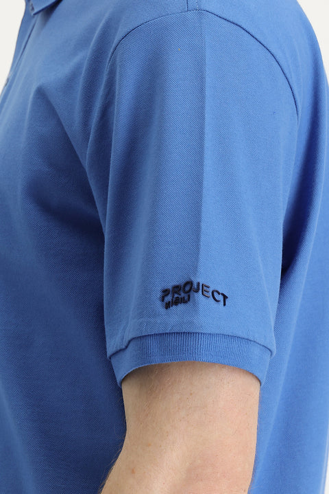 Havacı Mavi Polo Yaka Slim Fit Dar Kesim Baskılı Tişört