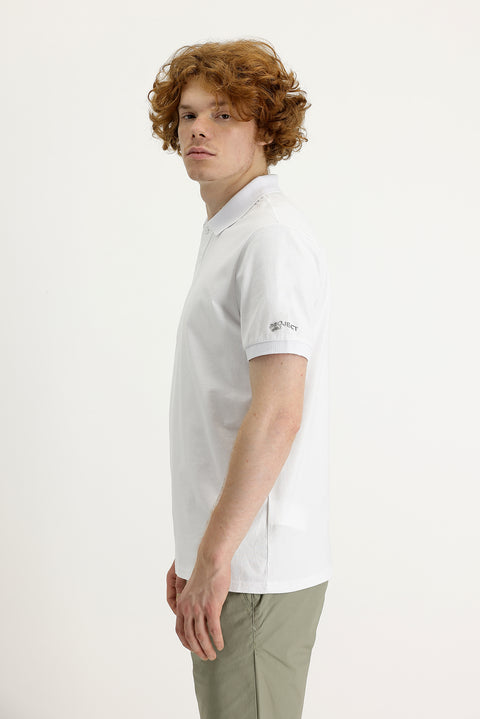 Beyaz Polo Yaka Slim Fit Dar Kesim Baskılı Tişört