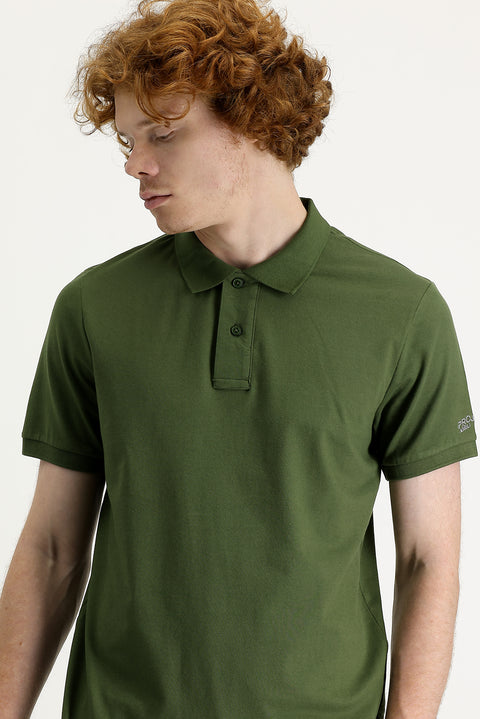 Orta Haki Polo Yaka Slim Fit Dar Kesim Baskılı Tişört