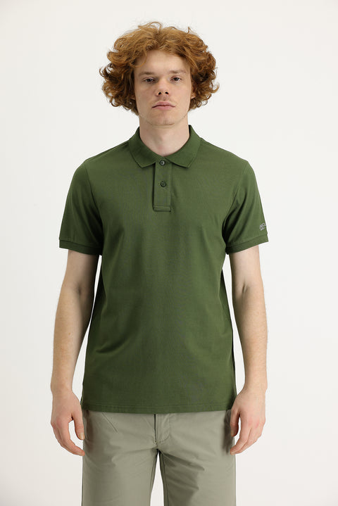 Orta Haki Polo Yaka Slim Fit Dar Kesim Baskılı Tişört