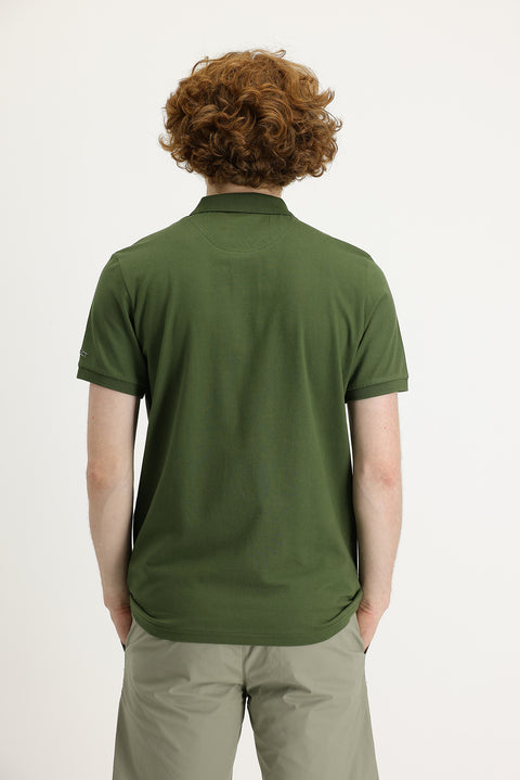 Orta Haki Polo Yaka Slim Fit Dar Kesim Baskılı Tişört