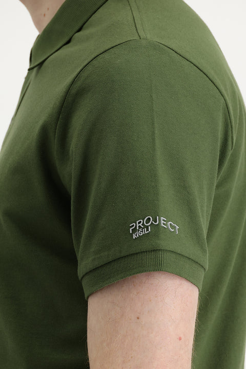 Orta Haki Polo Yaka Slim Fit Dar Kesim Baskılı Tişört