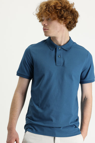 Koyu Petrol Polo Yaka Slim Fit Dar Kesim Baskılı Tişört