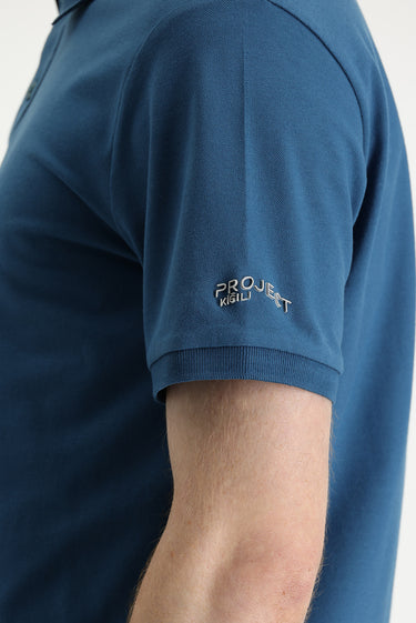 Koyu Petrol Polo Yaka Slim Fit Dar Kesim Baskılı Tişört