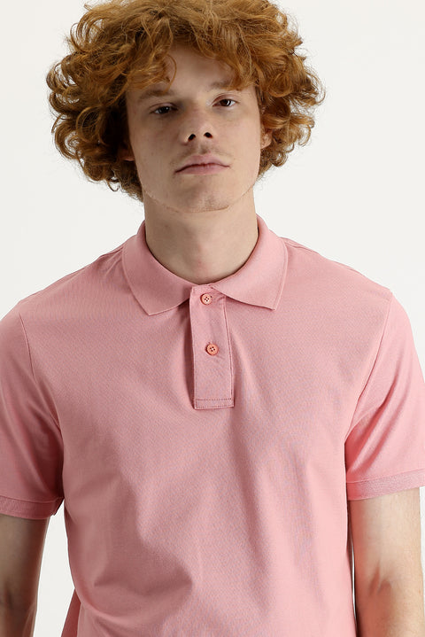 Orta Pembe Polo Yaka Slim Fit Dar Kesim Baskılı Tişört