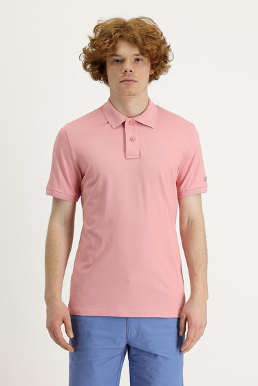 Orta Pembe Polo Yaka Slim Fit Dar Kesim Baskılı Tişört
