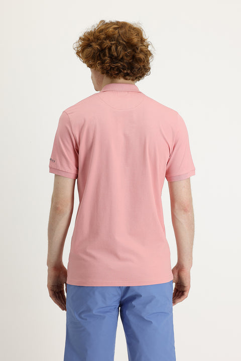 Orta Pembe Polo Yaka Slim Fit Dar Kesim Baskılı Tişört