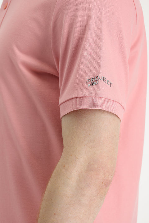 Orta Pembe Polo Yaka Slim Fit Dar Kesim Baskılı Tişört