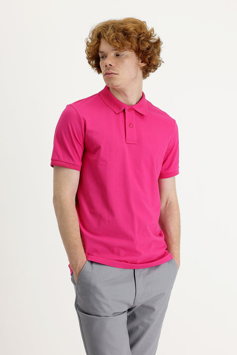 Fuşya Polo Yaka Slim Fit Dar Kesim Baskılı Tişört