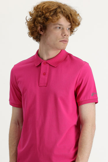 Fuşya Polo Yaka Slim Fit Dar Kesim Baskılı Tişört