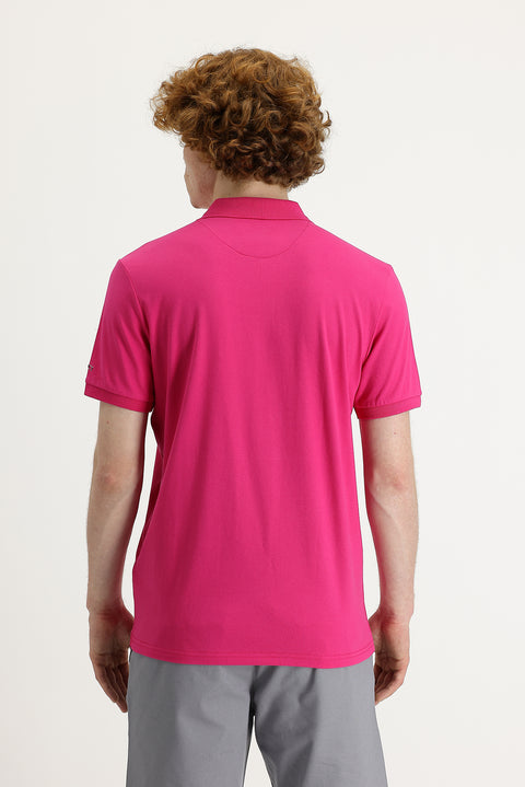 Fuşya Polo Yaka Slim Fit Dar Kesim Baskılı Tişört