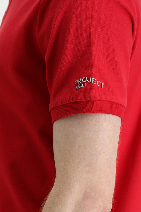 Bayrak Kırmızı Polo Yaka Slim Fit Dar Kesim Baskılı Tişört