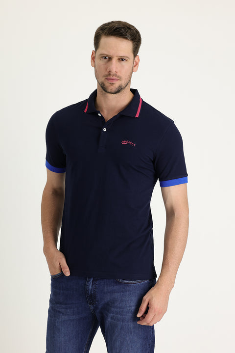 Siyah Lacivert Polo Yaka Slim Fit Dar Kesim Pamuklu Tişört