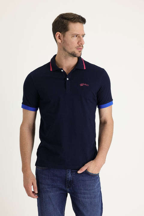 Siyah Lacivert Polo Yaka Slim Fit Dar Kesim Pamuklu Tişört