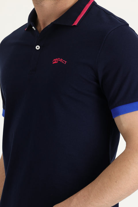 Siyah Lacivert Polo Yaka Slim Fit Dar Kesim Pamuklu Tişört