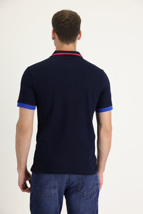 Siyah Lacivert Polo Yaka Slim Fit Dar Kesim Pamuklu Tişört