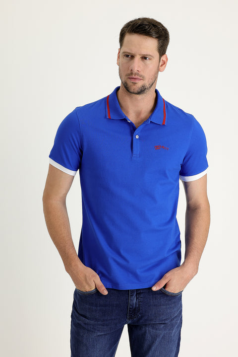 Saks Mavi Polo Yaka Slim Fit Dar Kesim Pamuklu Tişört