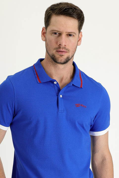 Saks Mavi Polo Yaka Slim Fit Dar Kesim Pamuklu Tişört