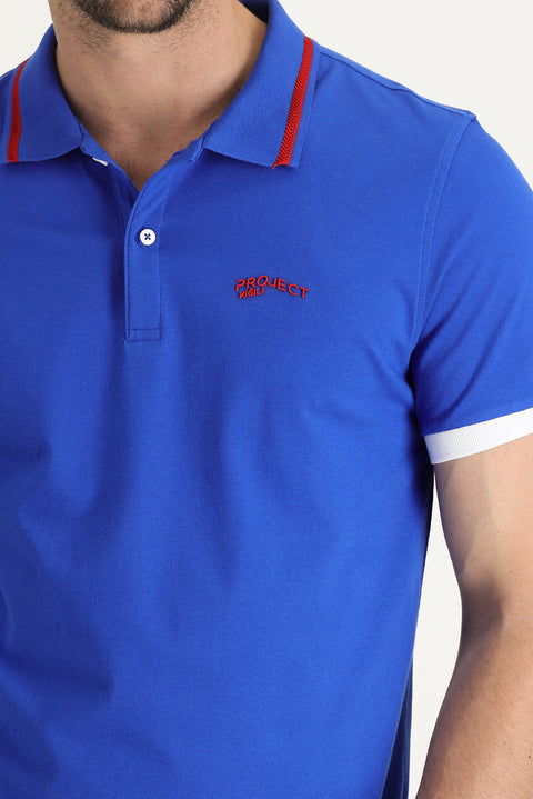 Saks Mavi Polo Yaka Slim Fit Dar Kesim Pamuklu Tişört