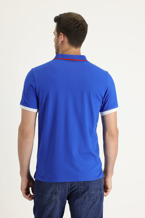 Saks Mavi Polo Yaka Slim Fit Dar Kesim Pamuklu Tişört