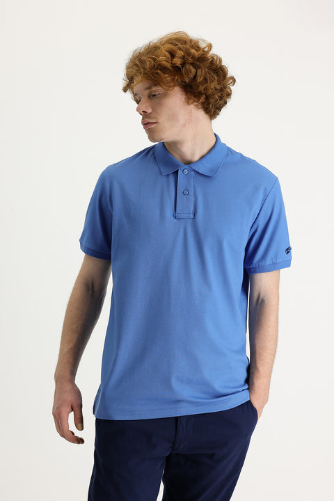 Havacı Mavi Polo Yaka Slim Fit Dar Kesim Baskılı Tişört