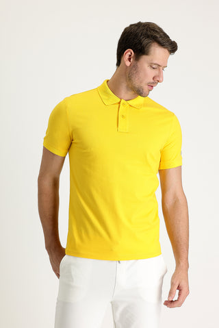  Koyu Sarı Polo Yaka Slim Fit Dar Kesim Baskılı Tişört