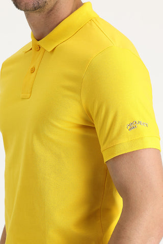  Koyu Sarı Polo Yaka Slim Fit Dar Kesim Baskılı Tişört
