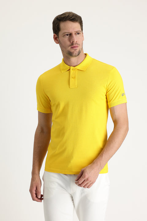 Koyu Sarı Polo Yaka Slim Fit Dar Kesim Baskılı Tişört