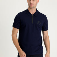 Siyah Lacivert Polo Yaka Slim Fit Dar Kesim Baskılı Fermuarlı Tişört